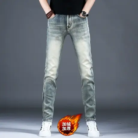 秋冬季新款男士加绒加厚牛仔裤男款直筒修身裤子复古做旧美式高街商品大图