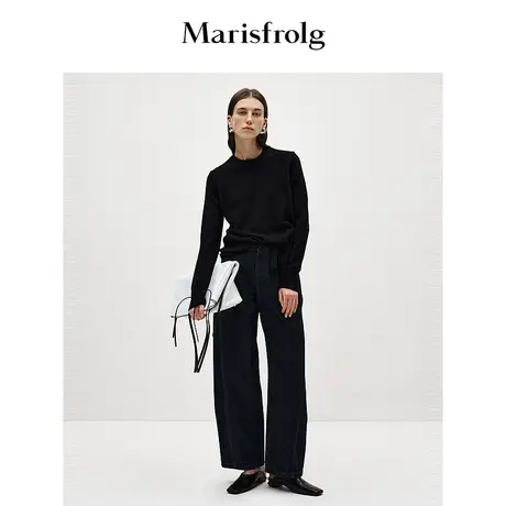【商场同款】玛丝菲尔2024春季新款黑色圆领长袖羊绒针织打底衫女商品大图