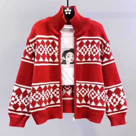 复古慵懒风新年红色毛衣外套女冬季2024新款宽松休闲拉链针织开衫图片
