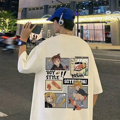 短袖t恤男夏季2024新款卡通印花纯棉体恤运动嘻哈oversize半袖衫商品大图