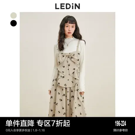 乐町蝴蝶结背带裙春季正反两穿温柔黑色奶咖吊带连衣裙商品大图