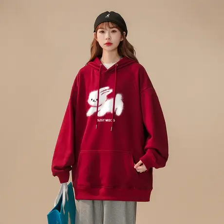 国潮兔子印花卫衣女2024新款秋冬季加绒加厚ins潮牌宽松大码外套图片