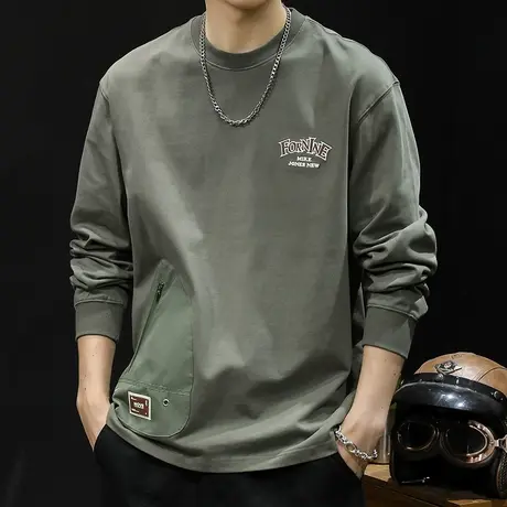 口袋潮牌长袖t恤男纯棉宽松大码春季2024新款男士圆领衣服春秋款图片