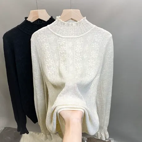 蕾丝半高领毛衣女打底衫2024春秋新款宽松外穿针织衫内搭洋气上衣图片