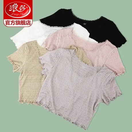 浪莎时尚短袖蕾丝领短款T恤女夏季薄款修身辣妹露脐高腰半袖体恤商品大图