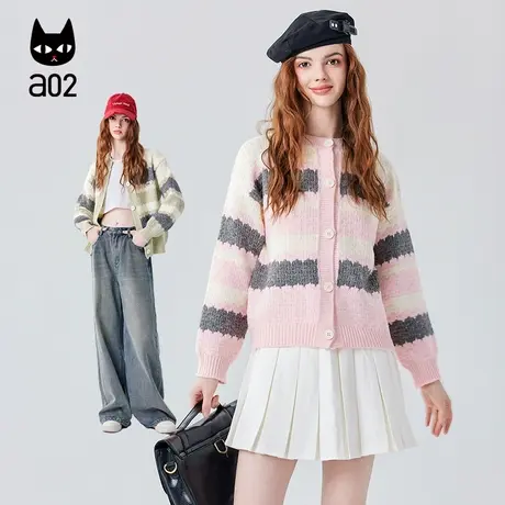 a02【暖墨镜】2024春季新款条纹针织衫短款开衫宽松显瘦上衣图片