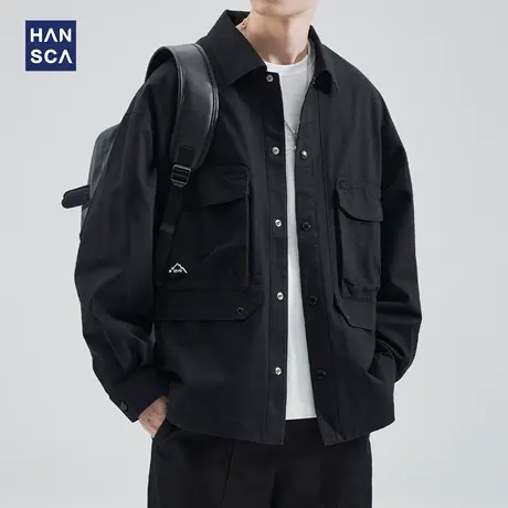 hansca翻领夹克男宽松纯棉春季新款潮牌休闲大码黑色工装衬衣外套商品大图