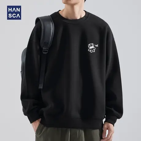 hansca复古卡通印花圆领套头卫衣男款秋冬季日系简约宽松落肩上衣商品大图