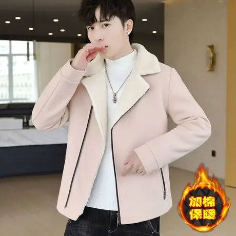 羊羔绒毛领外套男士秋冬季加绒加厚呢子夹克潮流帅气短款翻领风衣商品大图