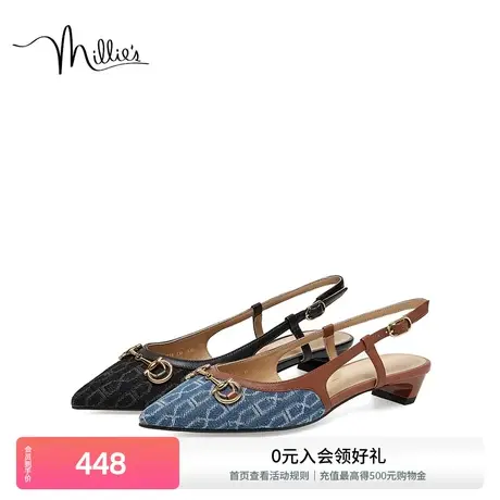 millie's/妙丽23秋新款羊皮包头方根老花尖头后空女凉鞋LQ159CH3商品大图