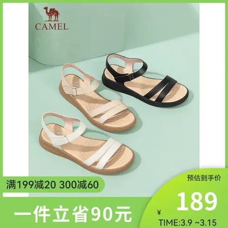 骆驼女鞋2024夏季新款一字带真皮软底妈妈凉鞋魔术贴厚底凉鞋女款图片