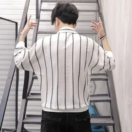 七分袖衬衫男士夏季薄款宽松潮流冰丝条纹短袖潮牌百搭港风五分袖商品大图