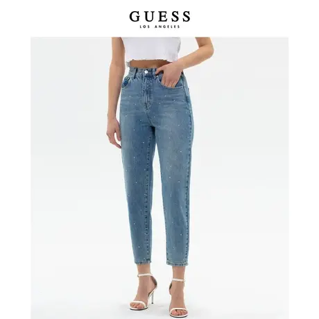 GUESS2023新款女士水洗牛仔裤高腰烫钻直筒萝卜裤-W3PA0OD51V0图片