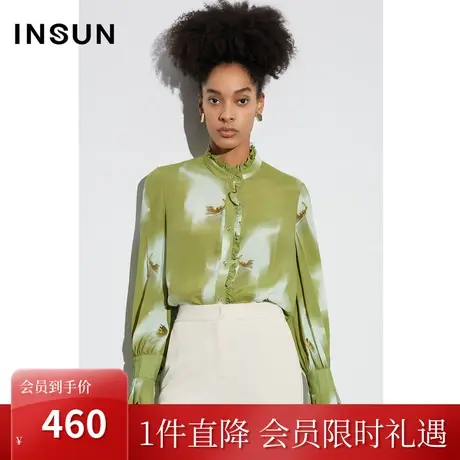 恩裳COVER2023春款新真丝衬衣大气艺术印花百褶工艺袖口压褶衬衫图片