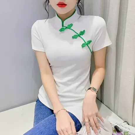 中国风短袖T恤女复古夏装不规则改良盘扣上衣洋气修身开衩小衫潮图片
