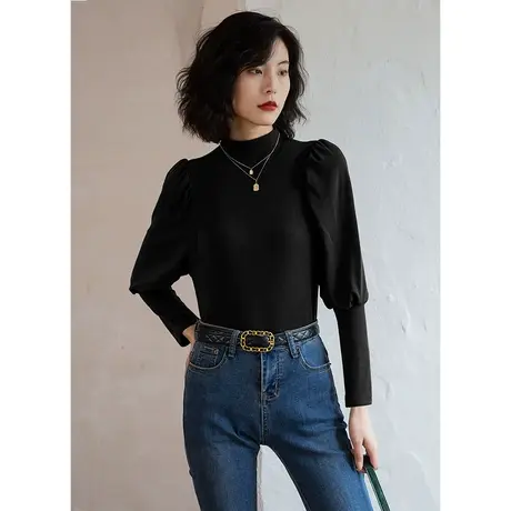 弥古黑色半高领泡泡袖毛衣打底衫女秋冬长袖内搭针织衫上衣高级感图片
