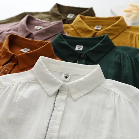 春秋装韩版简约文艺双层棉纱贴布长袖白色衬衫女学生宽松打底上衣商品大图