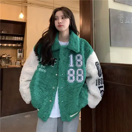 小香风外套女秋冬宽松韩版羊羔毛小个子加绒加厚开衫棒球服ins潮图片