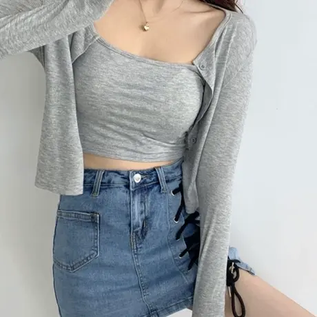 时尚套装简约纯色长袖开衫+短款吊带高腰露脐辣妹上衣两件套ins潮商品大图