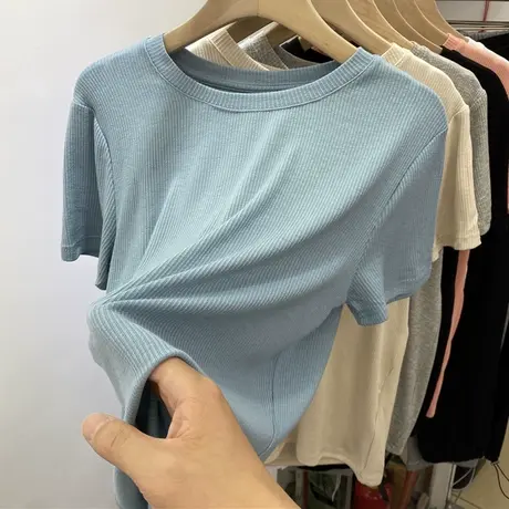 纯色短袖T恤女夏季宽松韩版显瘦百搭半袖体恤港风螺纹上衣打底衫图片