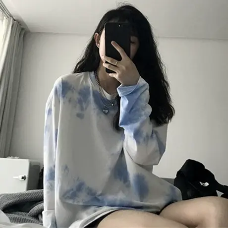 扎染长袖女上衣2023春秋新款薄款韩版ins古着个性宽松打底衫T恤潮商品大图