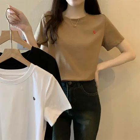 正肩短袖t恤女夏季2023新款洋气修身显瘦美式复古宽松半袖上衣ins商品大图