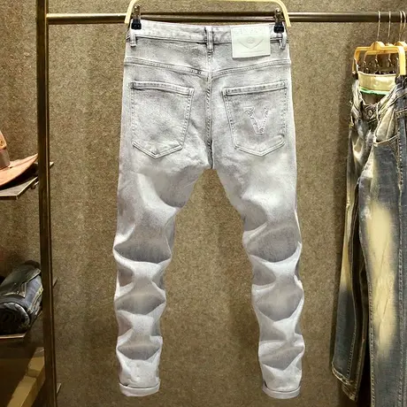 时尚百搭牛仔裤男修身弹力小脚裤夏季灰色潮牌后口袋高端印花男裤商品大图