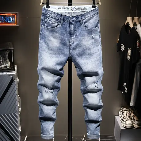 夏季薄款浅色破洞牛仔裤男修身小脚百搭韩版潮流男生长裤子男学生商品大图