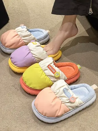 防水羽绒面包棉拖鞋2023秋冬新款厚底踩屎感多巴胺包头拖鞋月子鞋商品大图