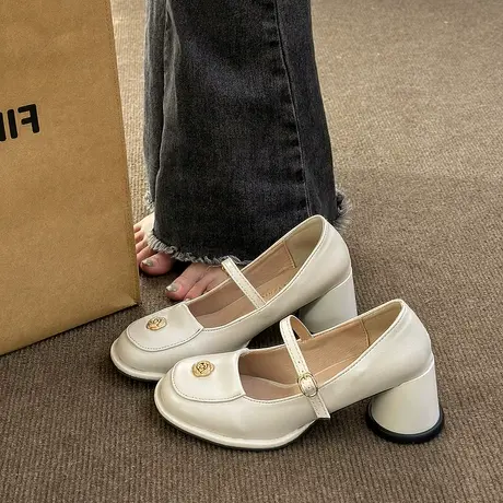 永希单鞋女高跟2023年春季新款法式浅口粗跟小皮鞋公主气质高跟鞋商品大图