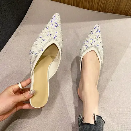 尖头凉鞋女2023夏秋季新款百搭一脚蹬水钻外穿拖鞋气质温柔仙女风商品大图