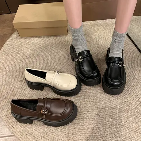 厚底百搭乐福鞋女2024春秋季新款复古英伦风小皮鞋一脚蹬粗跟单鞋图片