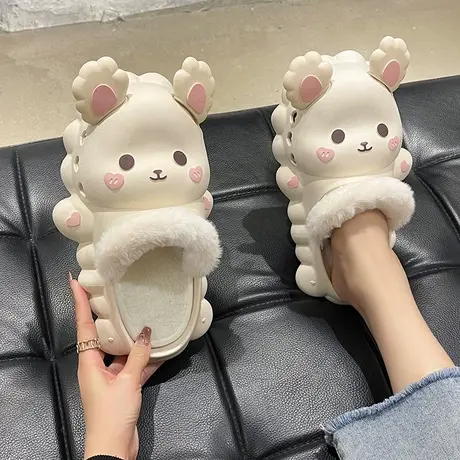 可爱兔子棉拖鞋女冬季新款外穿可拆卸毛毛绒防水厚底室内居家保暖图片