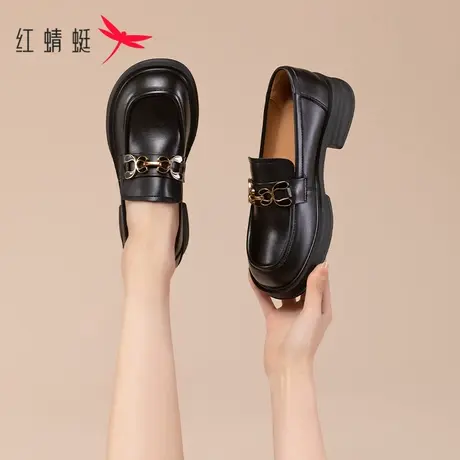 红蜻蜓乐福鞋女2023新款秋冬英伦风复古黑色小皮鞋一脚蹬百搭单鞋商品大图