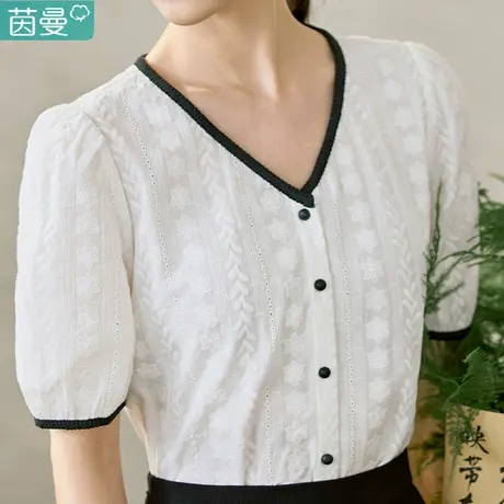 茵曼短袖衬衫女2023春季新款纯棉掐腰小衫衬衣上衣短款小众不撞款商品大图
