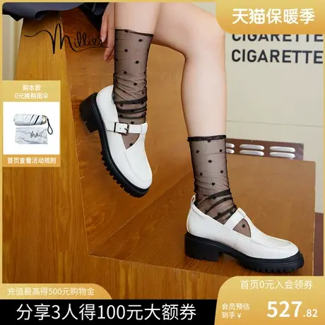 millie's/妙丽2023秋新款高级时尚锁扣粗跟小皮鞋女单鞋SDZ44CA3图片