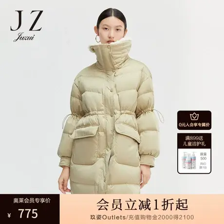 JZ玖姿官方奥莱冬季新款撞色拼接抽绳中长款保暖外套女羽绒服商品大图