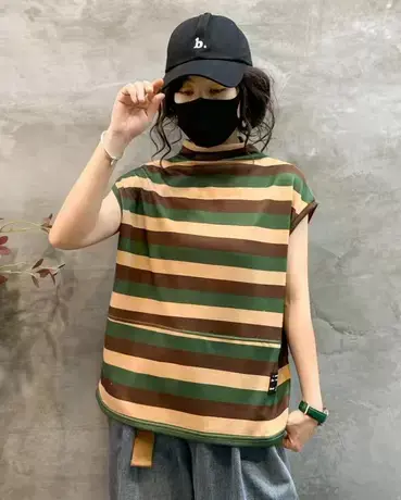 2023年夏季新品时尚薄款气质条纹T恤无袖打底衫上衣女士短袖T恤潮商品大图