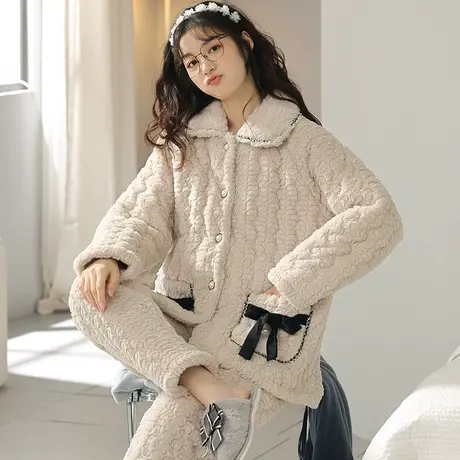 猫人秋冬季2023新款睡衣女法兰绒加绒加厚长袖开衫女士家居服套装商品大图