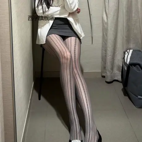 蕾丝丝袜复古菱格竖纹镂空辣妹灰色连裤袜子女夏季薄款商品大图