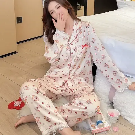 睡衣女春夏秋款冰丝2025新款卡通甜美高级感丝绸家居服仿真丝套装商品大图