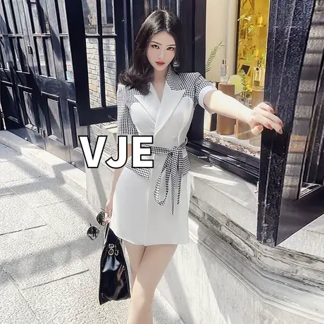 VJE千鸟格西装外套女中长款春夏新款时尚设计感收腰西装裙图片