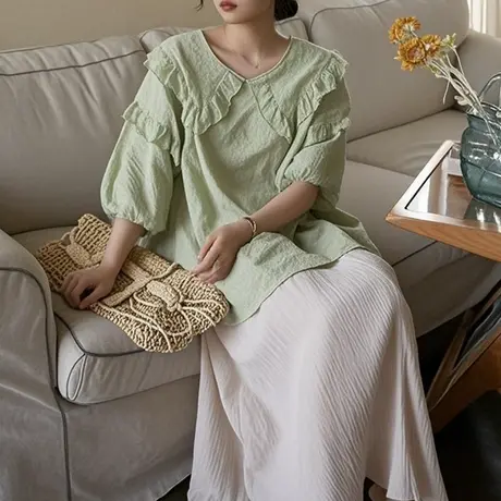 微胖女孩2025年新款法式复古荷叶边衬衫 设计感小众宽松显瘦上衣商品大图