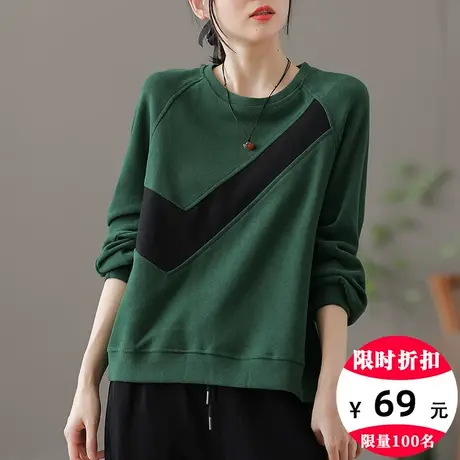 dza 纯棉圆领休闲套头复古女士卫衣2023秋季新款宽松长袖上衣外套图片