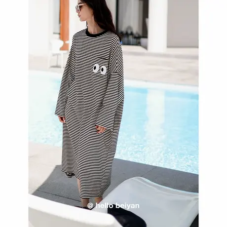 贝妍条纹睡裙女春秋季新款柔软棉长袖睡衣韩版大码少女家居服长裙商品大图