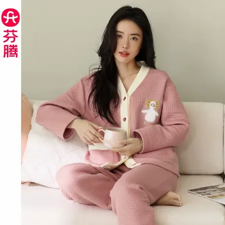 芬腾睡衣女秋冬季纯棉加厚大码宽松空气棉夹层三层薄款夹棉家居服商品大图
