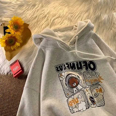 韩版大码胖mm加绒连帽卫衣女宽松显瘦帽衫ins潮美式卡通外套上衣商品大图