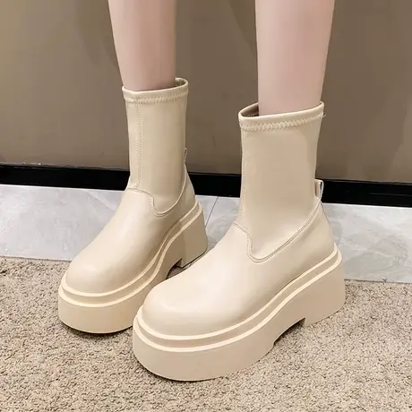 松糕靴子短靴女2023年秋季新款复古百搭小个子厚底洋气瘦瘦靴小众图片