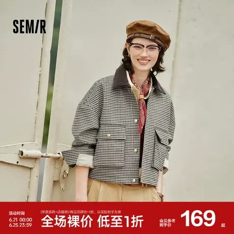 森马外套女短款拼接灯芯绒翻领潮流宽松秋季落肩格纹夹克时尚复古图片