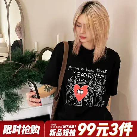 美式街头风ins潮牌宽松黑色短袖t恤女夏季小众设计感百搭重磅上衣图片